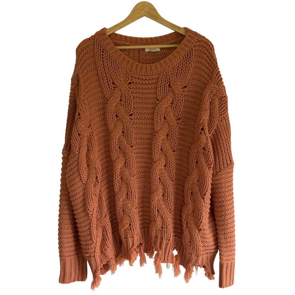 Oddi Terracotta Orange Cable Knit Distressed Fringe Hem Sweater XL/2XL IT13741P